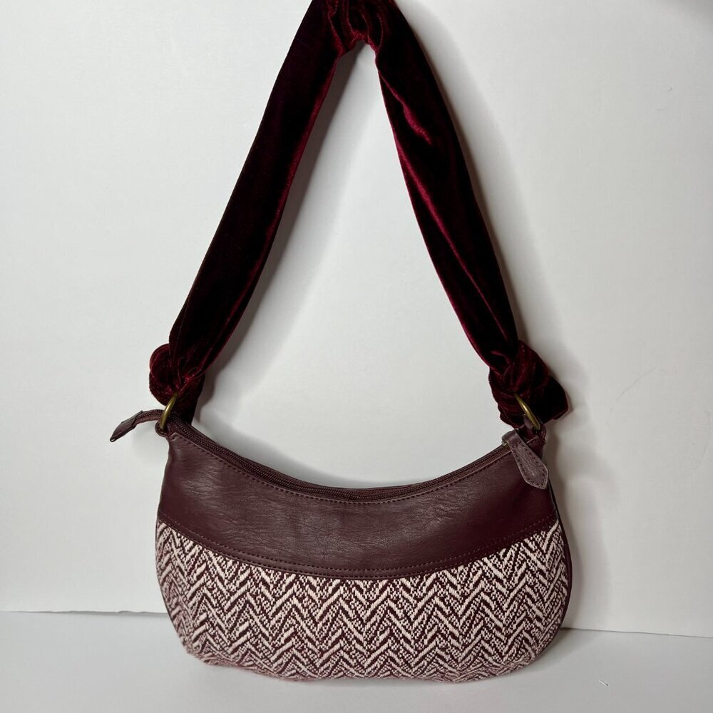 Oggi Hobo Shoulder Bag Purse Velvet Strap Burgandy Chevron Tweed 70s Boho Indie - Picture 3 of 7